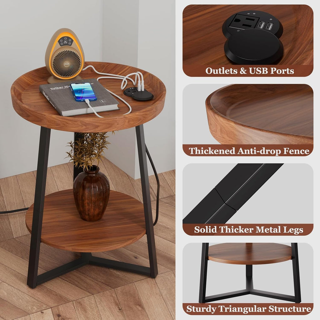 Gadroad Round End Table with Charging Station, Wood Tabletop & Black Metal Frame, 2 Tier Farmhouse Side Table Nightstand for Living Room, Bedroom, Brown 15.7 * 15.7 * 23.0inches