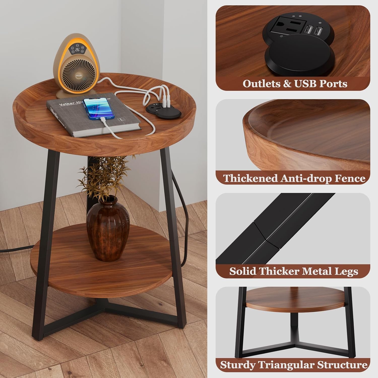 Gadroad Round End Table with Charging Station, Wood Tabletop & Black Metal Frame, 2 Tier Farmhouse Side Table Nightstand for Living Room, Bedroom, Brown 15.7 * 15.7 * 23.0inches