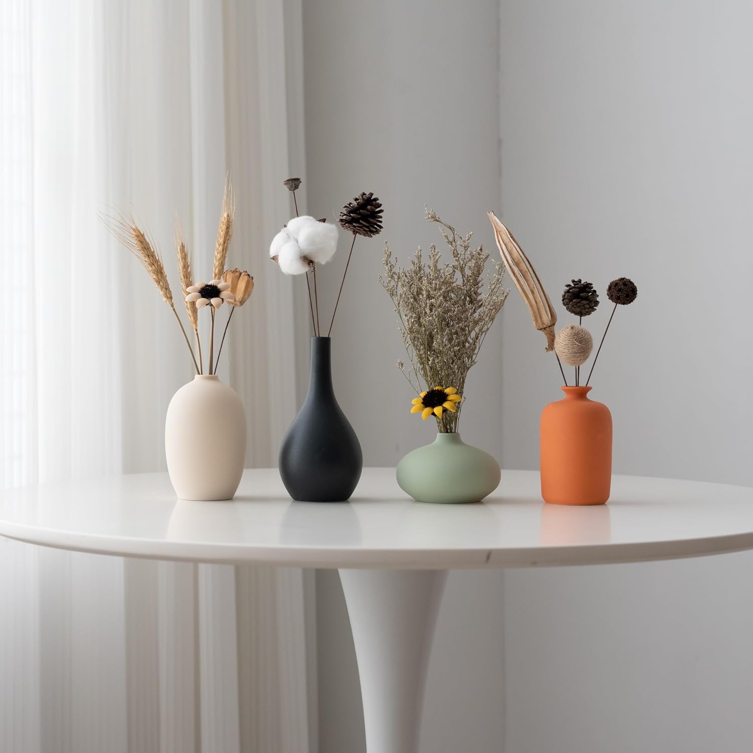Ceramic Vase Set of 4 with Dried Flowers Round Matte | For Modern Minimalist Bohemian, Pampas Grass, Home, Office, Shelf, Living Room, Bedroom,Entryway Decor