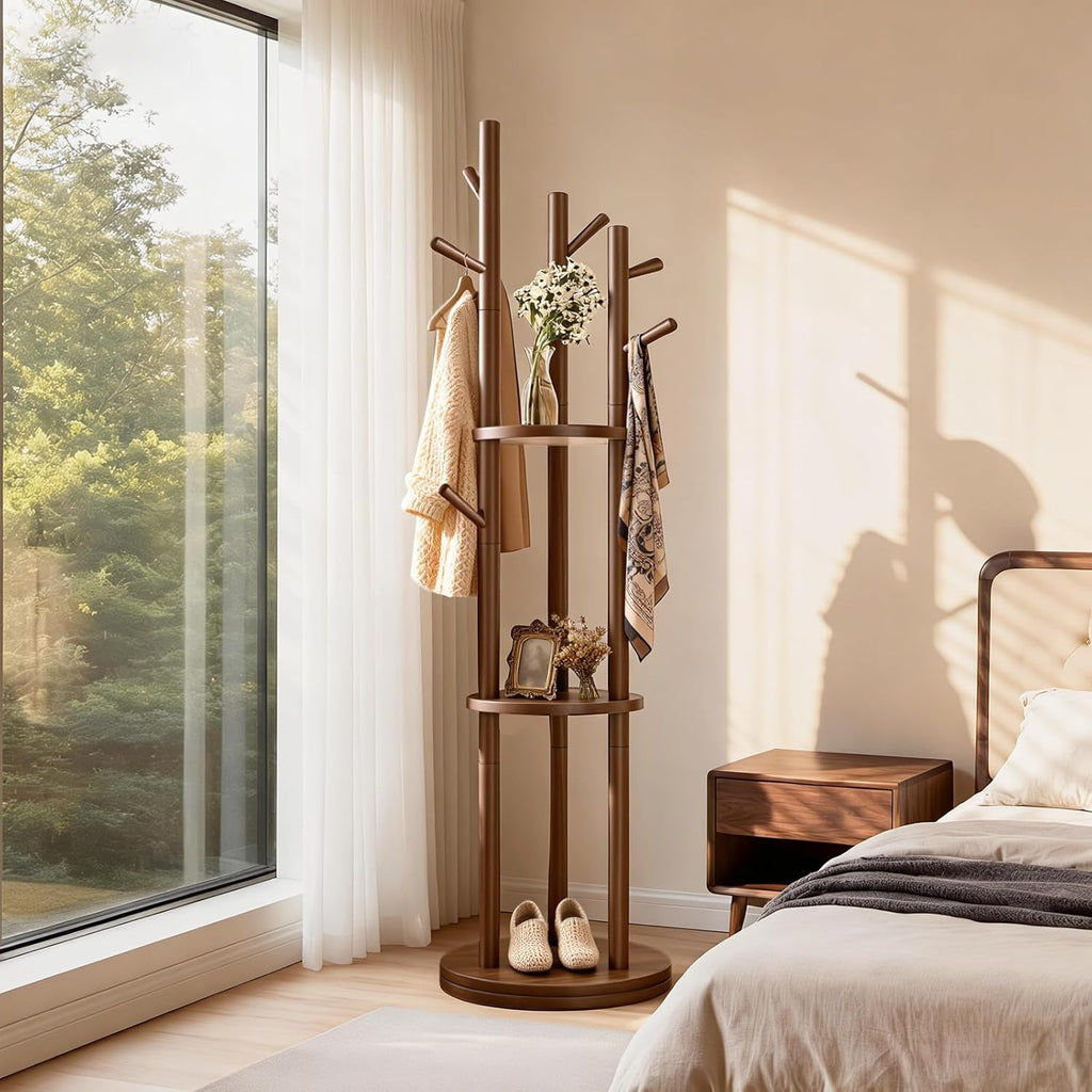 Solid Wood Rotary Coat Rack, Coat Rack Freestanding with 3 Storage Shelves & 9 hooks, Coat Tree for Entryway, Livingroom, Bedroom, Coat Hanger Stand for Coats, Scarves, Handbags, Hat (Walnut)