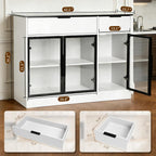 Buffet Cabinet with Drawers, Buffet Storage Cabinet with Transparent Glass Doors, Kitchen Supplies Storage Cabinet, Wooden Coffee Bar Table for Dining Room,Living Room Entrance, White