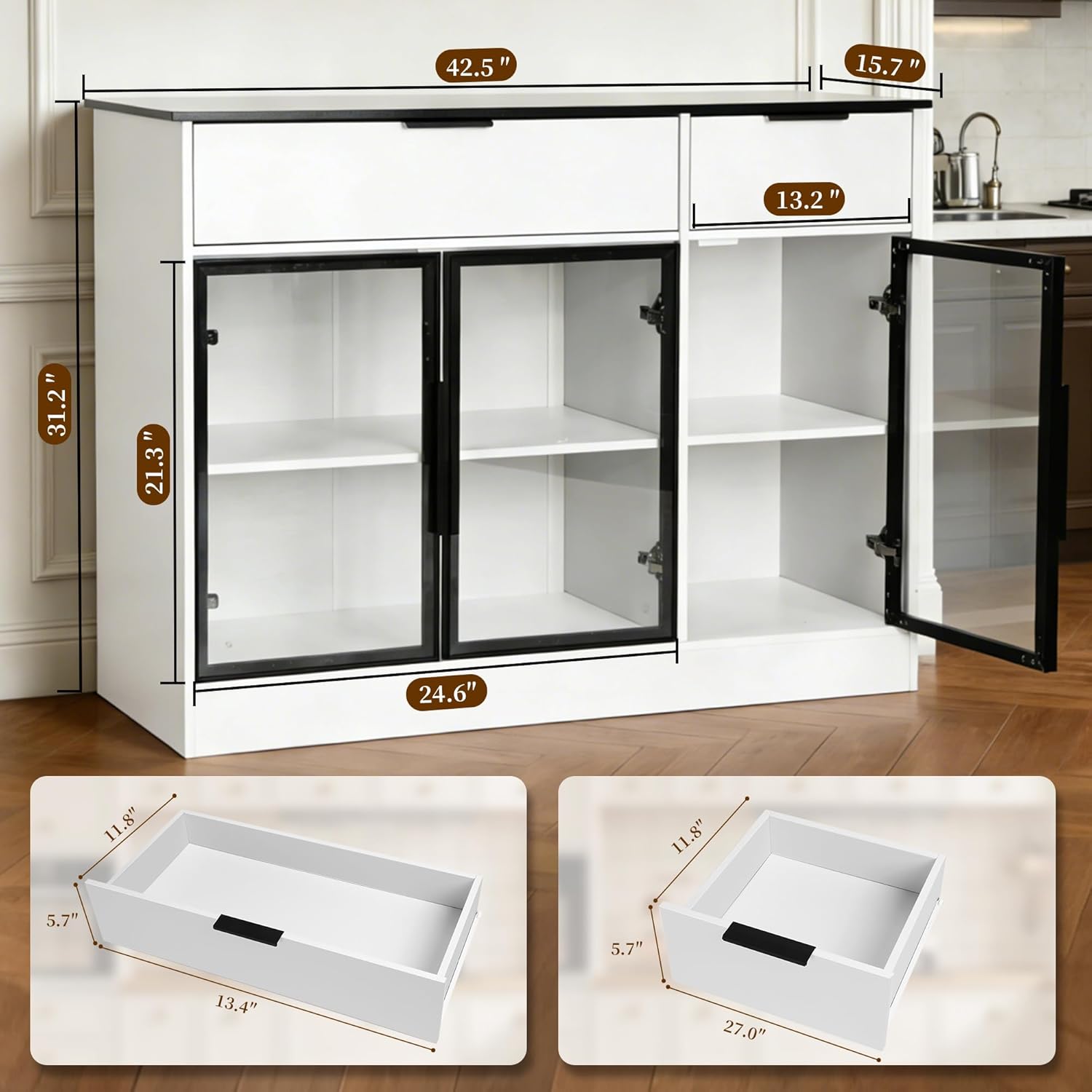 Buffet Cabinet with Drawers, Buffet Storage Cabinet with Transparent Glass Doors, Kitchen Supplies Storage Cabinet, Wooden Coffee Bar Table for Dining Room,Living Room Entrance, White