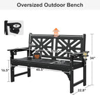 Oversized Outdoor Bench with Cup Holders, 51.5” HDPE Aesthetic Garden Bench for 2 Person, Memorial Benches - Easy Assembly & All Weather, for Porch & Patio, 800lbs Load Capacity (Black, 1pc)