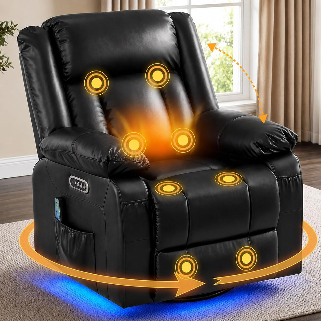 Power Swivel Rocker Recliner Chair with Independent Footrest Control | Massage Recliner Chair, Dual Motor, Nursery Rocker Reclining Chair with Pockets, LED Light for Living Room, PU Black