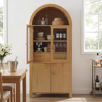 71'' Tall Arched Kitchen Pantry Cabinet with Glass Doors, Oak Finish Fluted Storage Cabinet with Adjustable Shelves & Drawer, China Cabinet for Kitchen, Dining Room