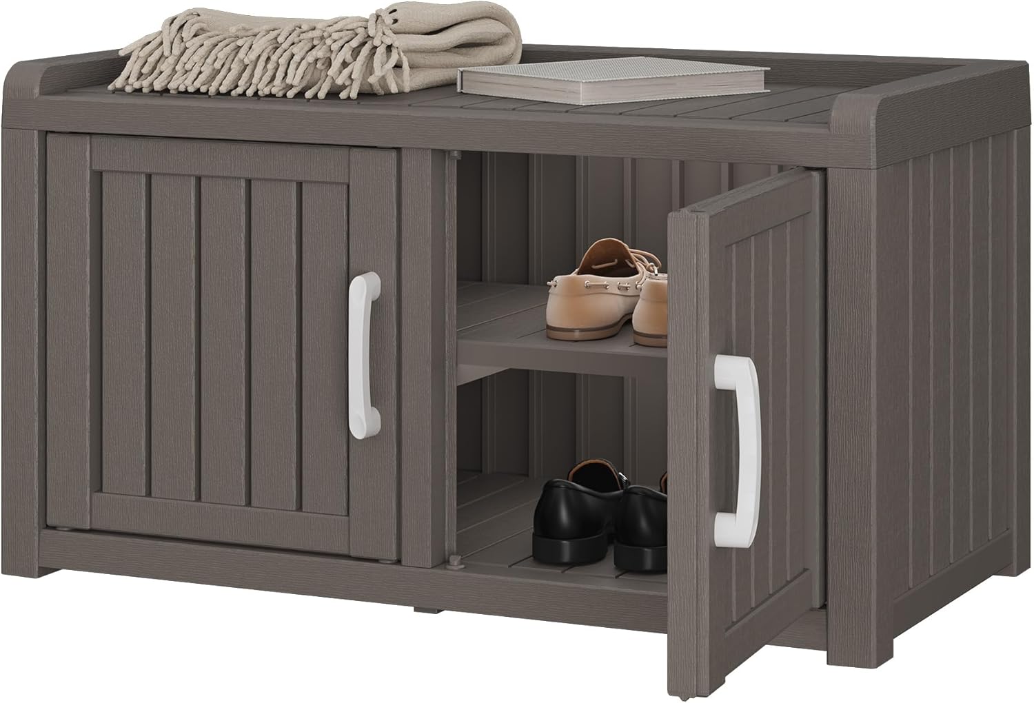 Outdoor Shoe Bench, Waterproof UV-Resistant Indoor Resin Shoe Cabinet, Entryway Shoe Storage with 2 Doors, Living Room, Bedroom, Gray (Two-Door)