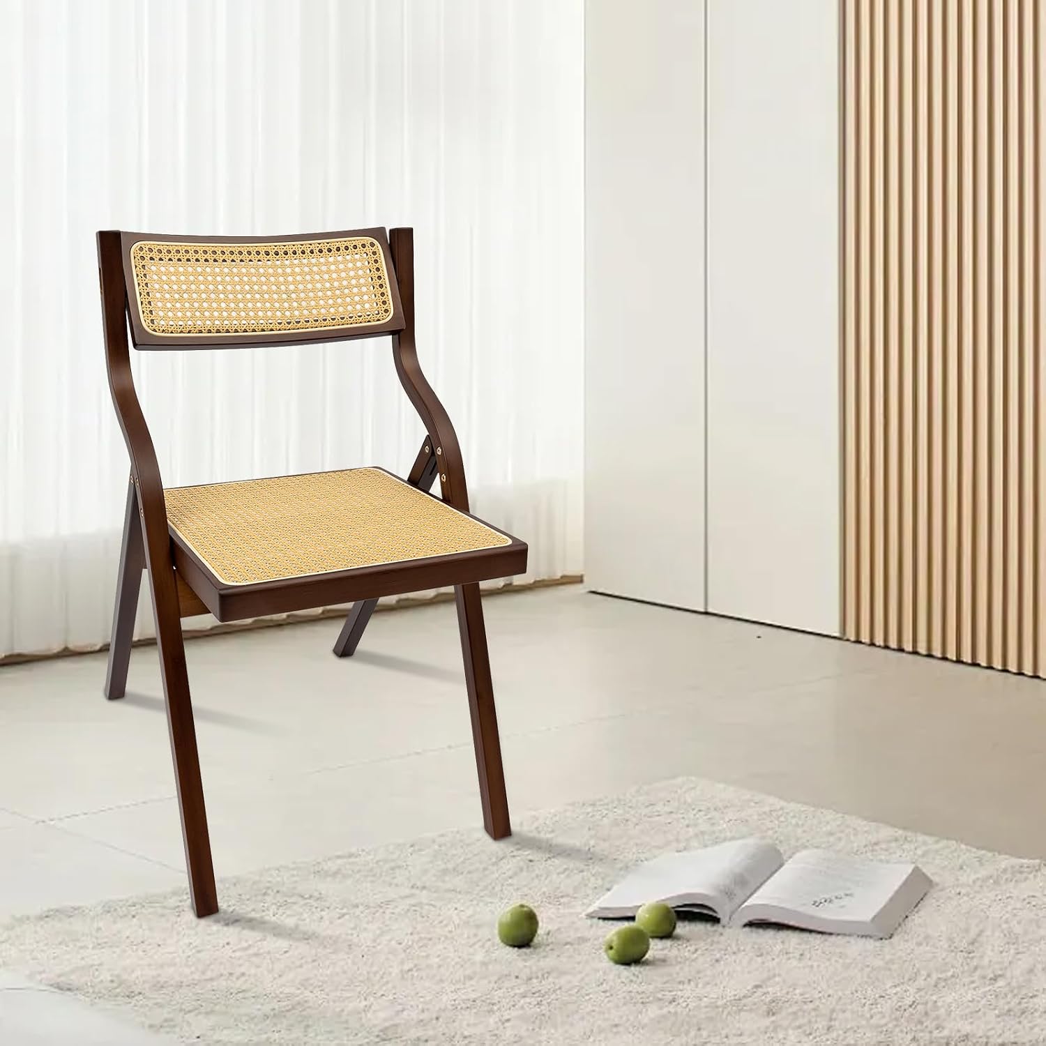 Folding Rattan Dining Chair Tea-Brown, Foldable Tea-Tone Wicker Armchair for Living Room Bedroom Restaurant Balcony, Space-Saver Collapsible Seat, Lightweight Bamboo-Look Frame, No-Assembly