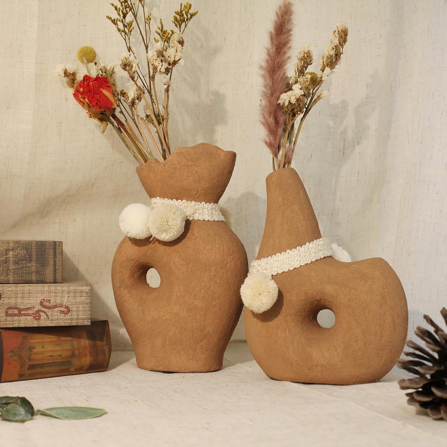 Modern Ceramic Flower Vase for Home Decor, Rustic Farmhouse Vases Set of 2 Terracotta Decorative Pottery Boho Vases for Pampas Grass Living Room Kitchen Bedroom Entryway Mantel Decor