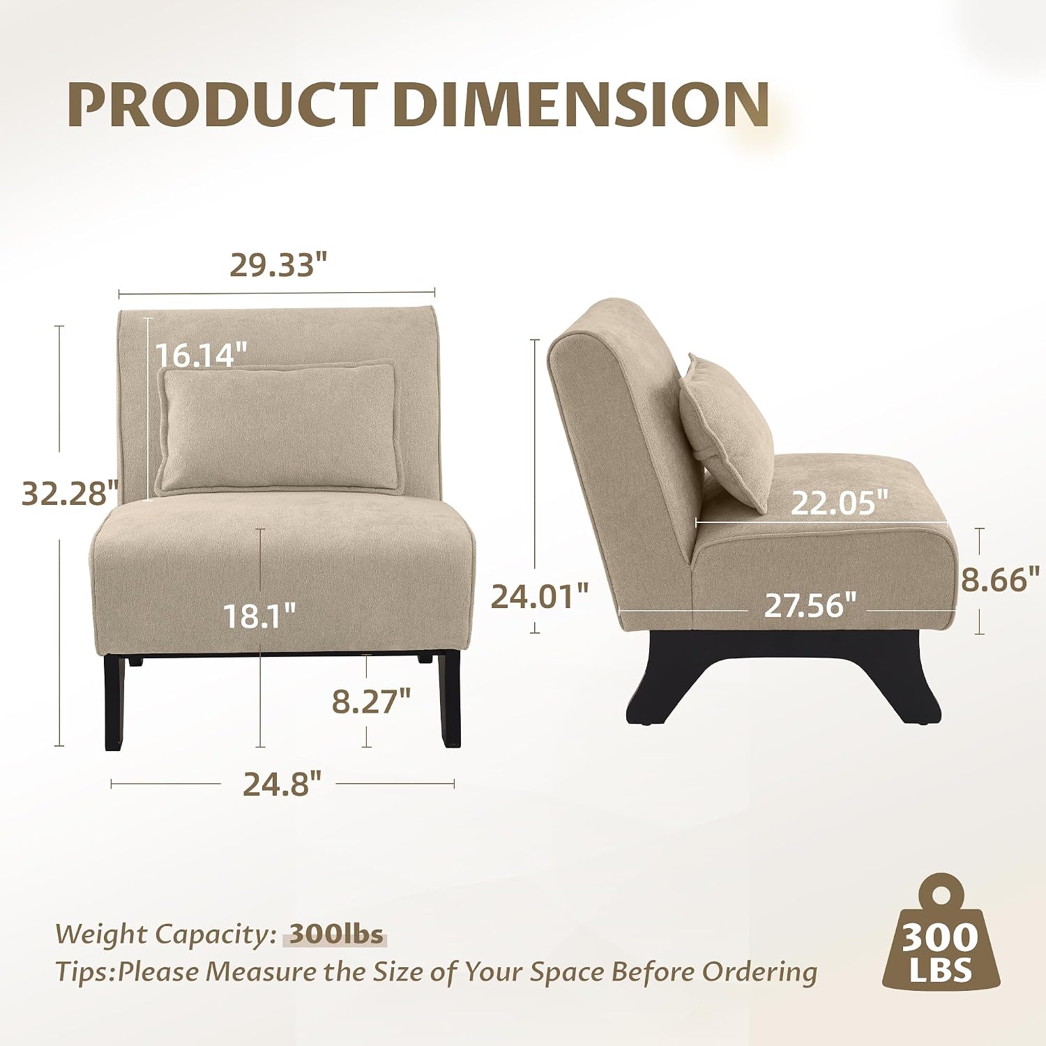 Armless Accent Chair Upholstered Comfy Modern Living Room Side Chair | Comfy Small Accent Lounge Chair with Pillow & Wooden Legs Accent Chair for Living Room Bedroom Farmhouse Reading Brown
