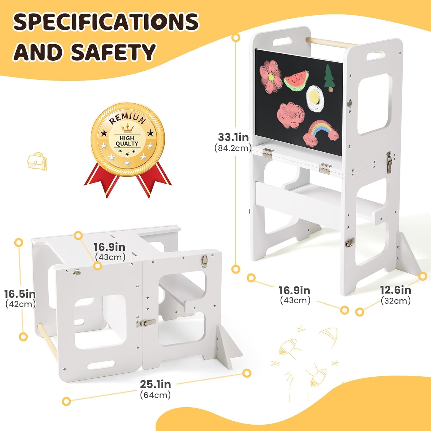 labebe 4-in-1 Toddler Kitchen Helper Tower with Chalkboard, Foldable Learning Standing Stool for Kids 18M+, Wooden Montessori Step Stool for Kitchen Counter, Bathroom Sink & Playroom