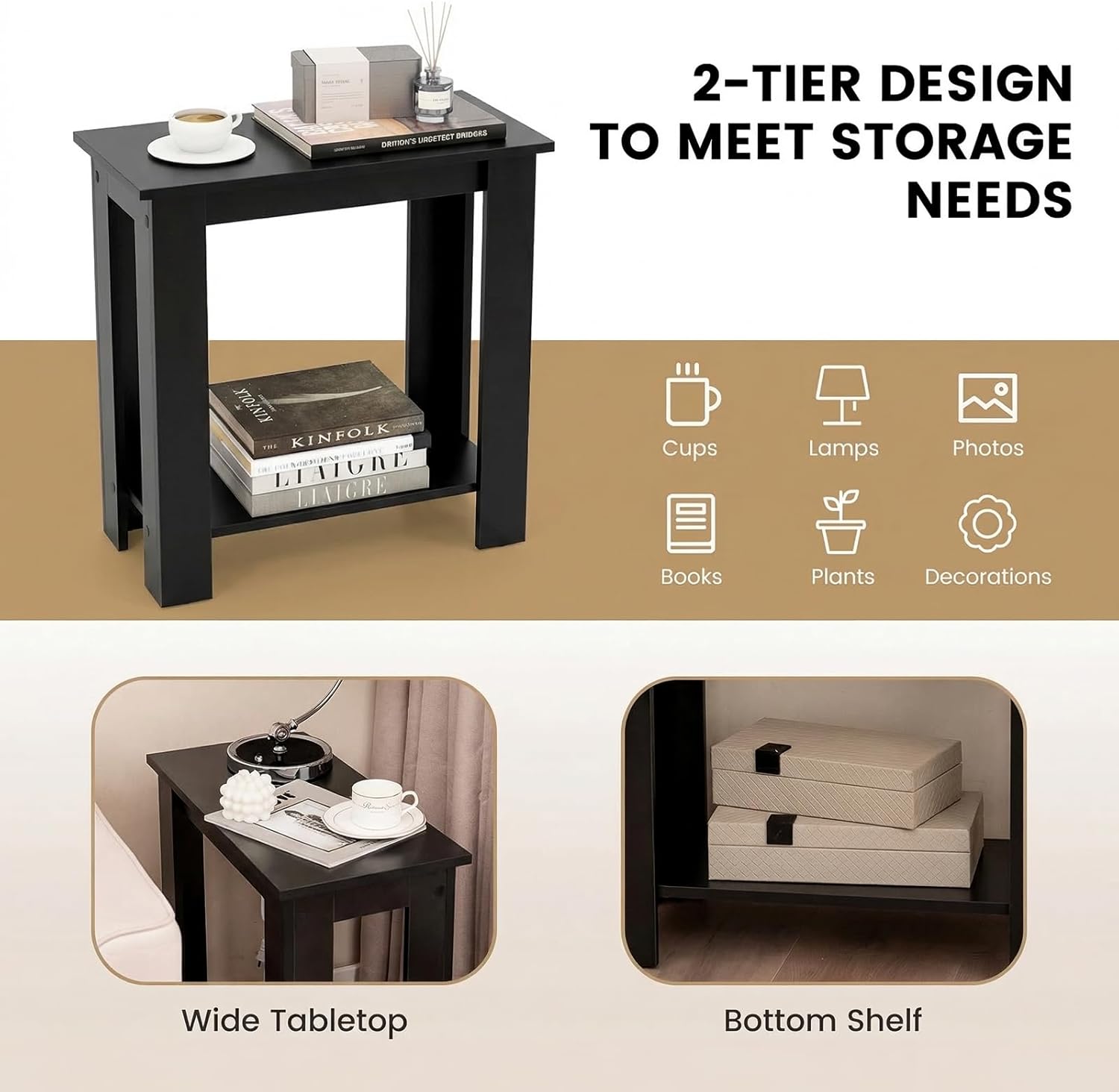 Giantex Narrow End Table, 2-Tier Side Table with Open Storage Shelf, Retro Wood Sofa Table Bedside Tables for Small Spaces, Slim Nightstand for Living Room, Bedroom, Easy Assembly, Black