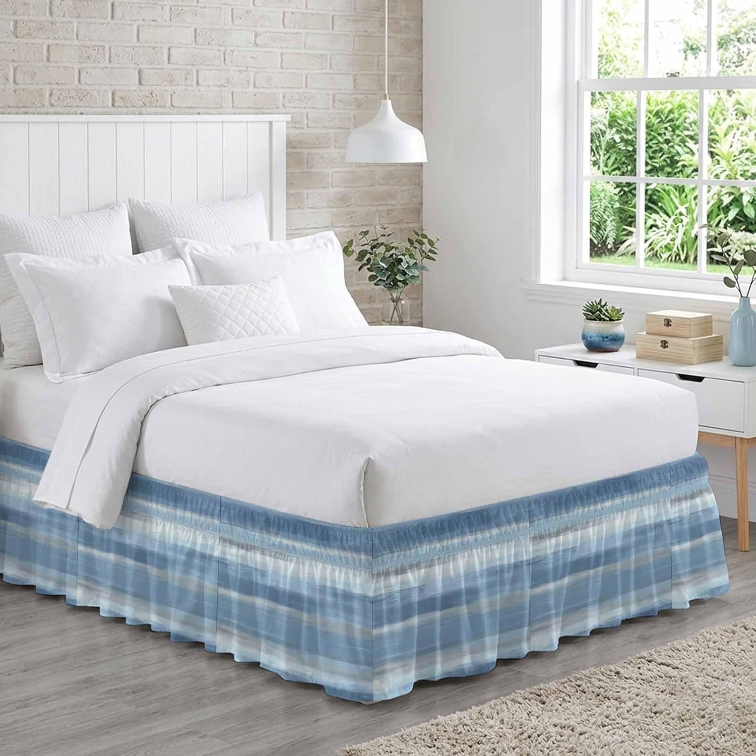 Gray Blue Ombre Bed Skirt King Size Bed Skirting 16 Inch Drop Adjustable Elastic Dust Ruffles Wrap Around Bedskirt Pleated Modern Abstract Watercolor Stripes Bedding Frame Cover for King Size Dorm