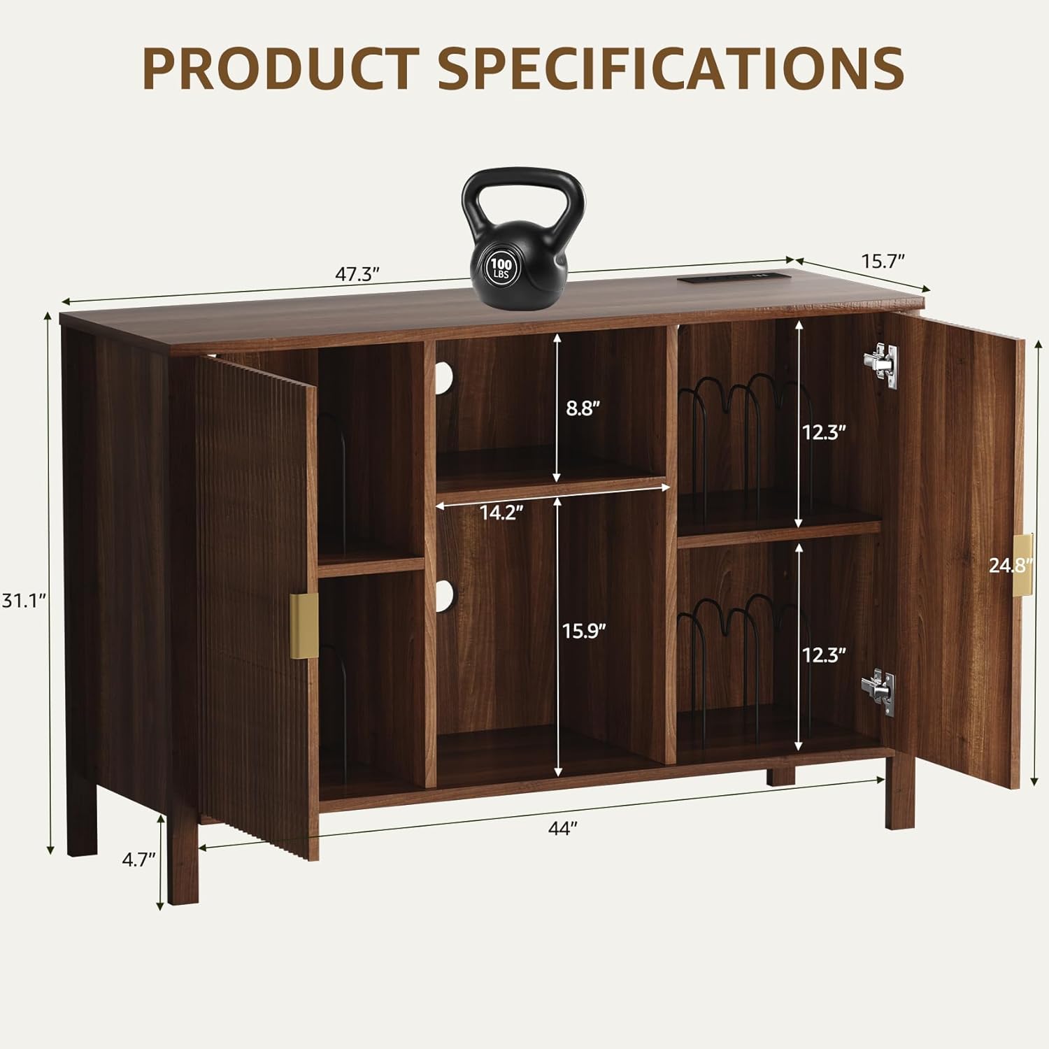 Record Player Stand with Vinyl Storage Cabinet, Turtable Stand Table with Charging Station, Side Table for Living Room, Holds Up to 350 Albums, Walnut, 47.3”x15.7”x31.1”H