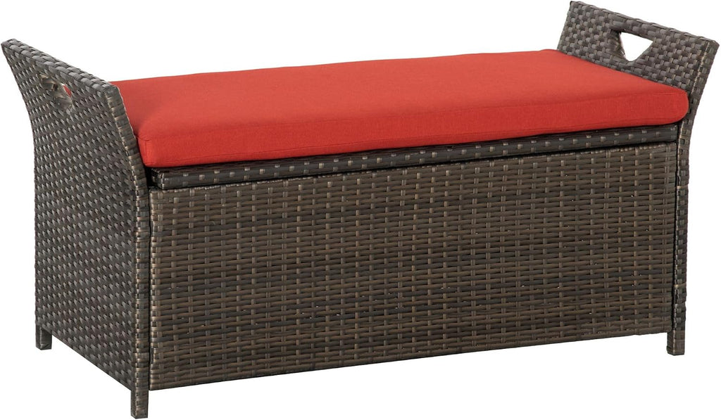 27Gallon Rectangular Polyethylene Rattan Storage Bench Red Stackable Durable Weather Resistant Outdoor Heavy Duty with Lid