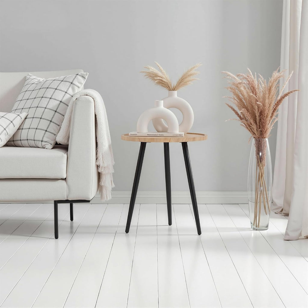 VECELO Modern Side Table, Round Small End Table, Exclusively Designed Hand-Crafted Small Nightstand, Solid Wood,Natural top with Black Metal Legsfor Bedrooms, Living Rooms and Home Office