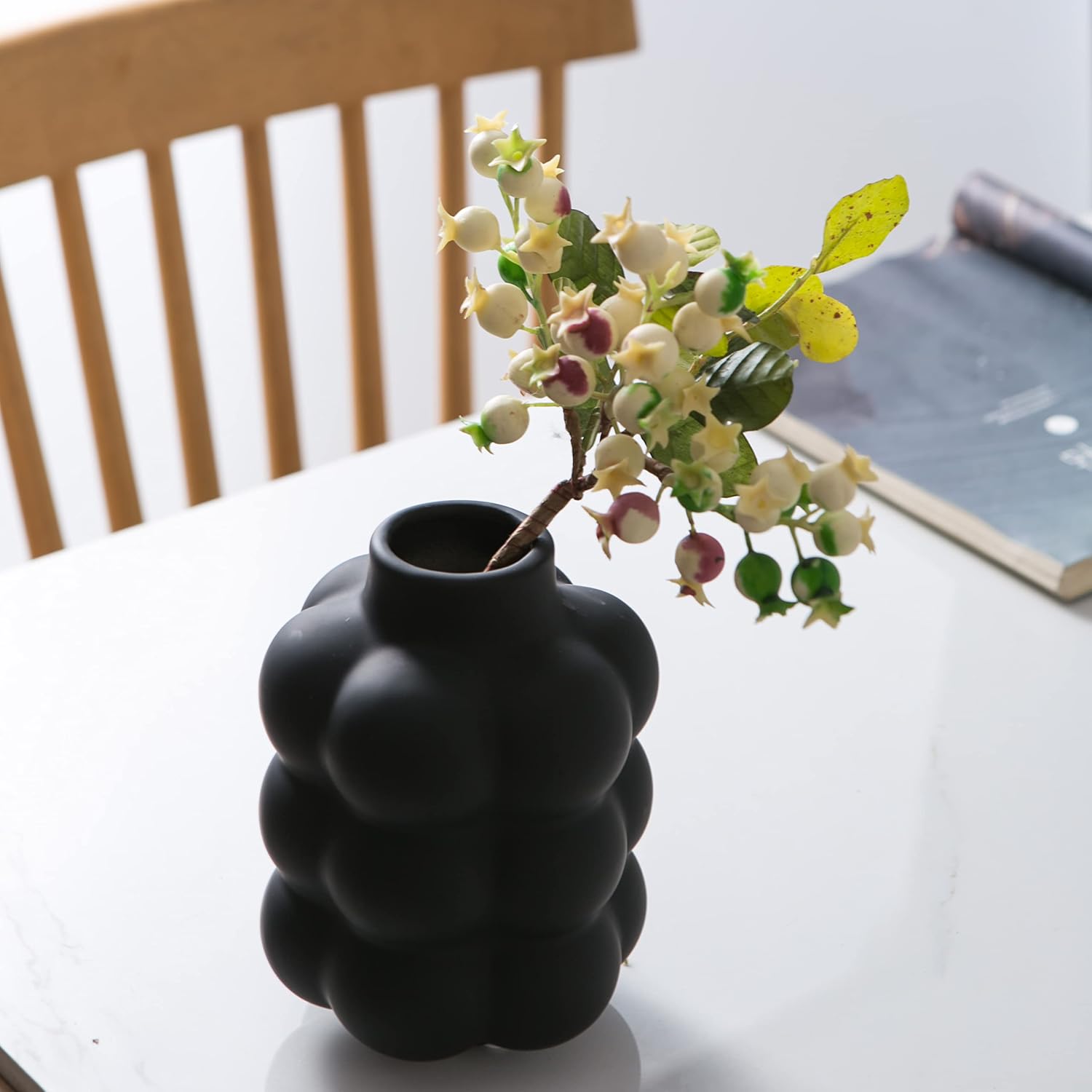 Mowtanco Black Ceramic Vase - Small Spherical Flower Vase for Centerpiece, Three Floors Design for Modern Home Decor, Boho Decorative Vase - 6.7" Tall