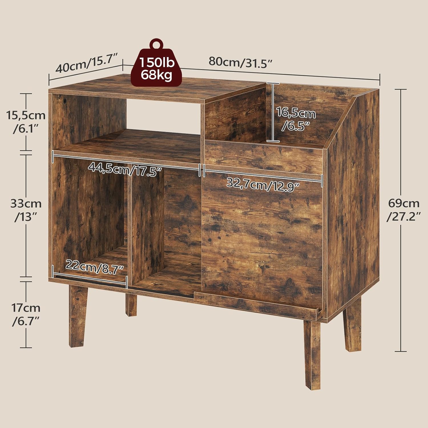 MAHANCRIS Record Player Stand with Vinyl Storage, Large Turntable Stand Cabinet Holds up to 250 Albums, Mid Century Record Storage for Living Room, Bedroom, Rustic Brown MSRB0201