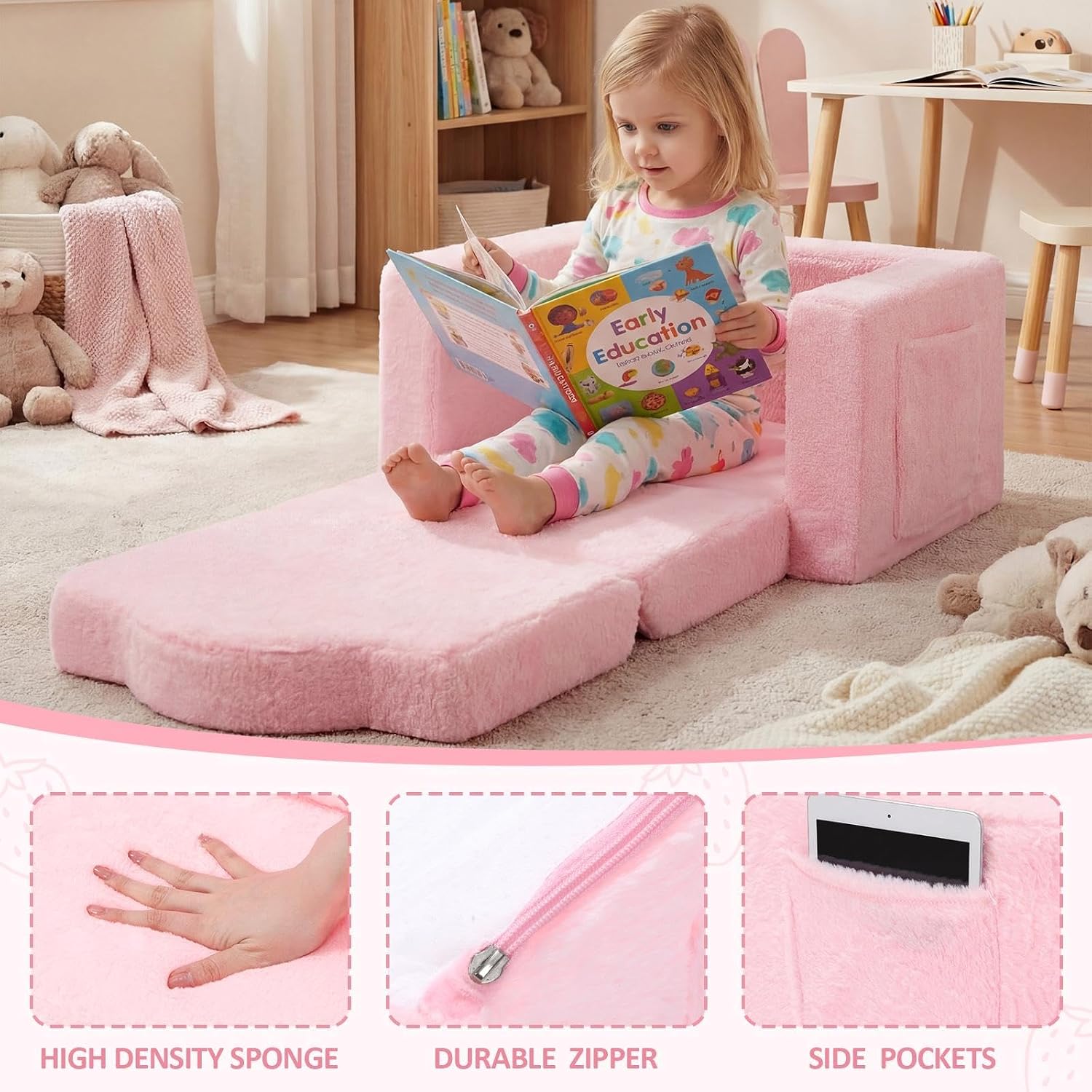 Novabright Kids Chair or Couch for Toddler, 2-in-1 Soft Foldable Couch, Comfy Toddler Chair, Convertible Sofa to Lounger, Gifts for Kids Girl Boys for Birthday, Children's Day (Strawberry)