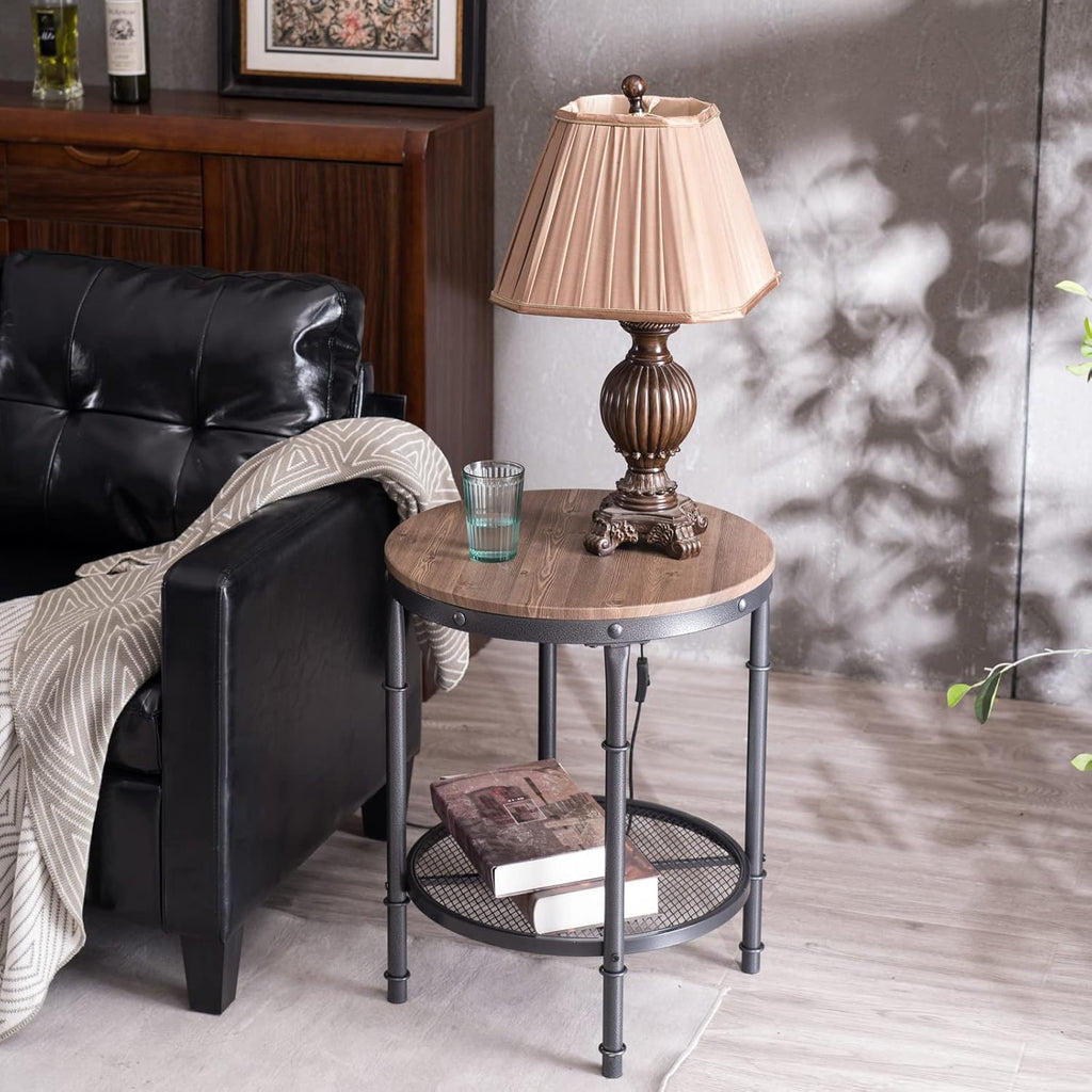 VINGLI Industrial Round End Table - 20" Metal & Wooden Side Table for Couch & Living Room