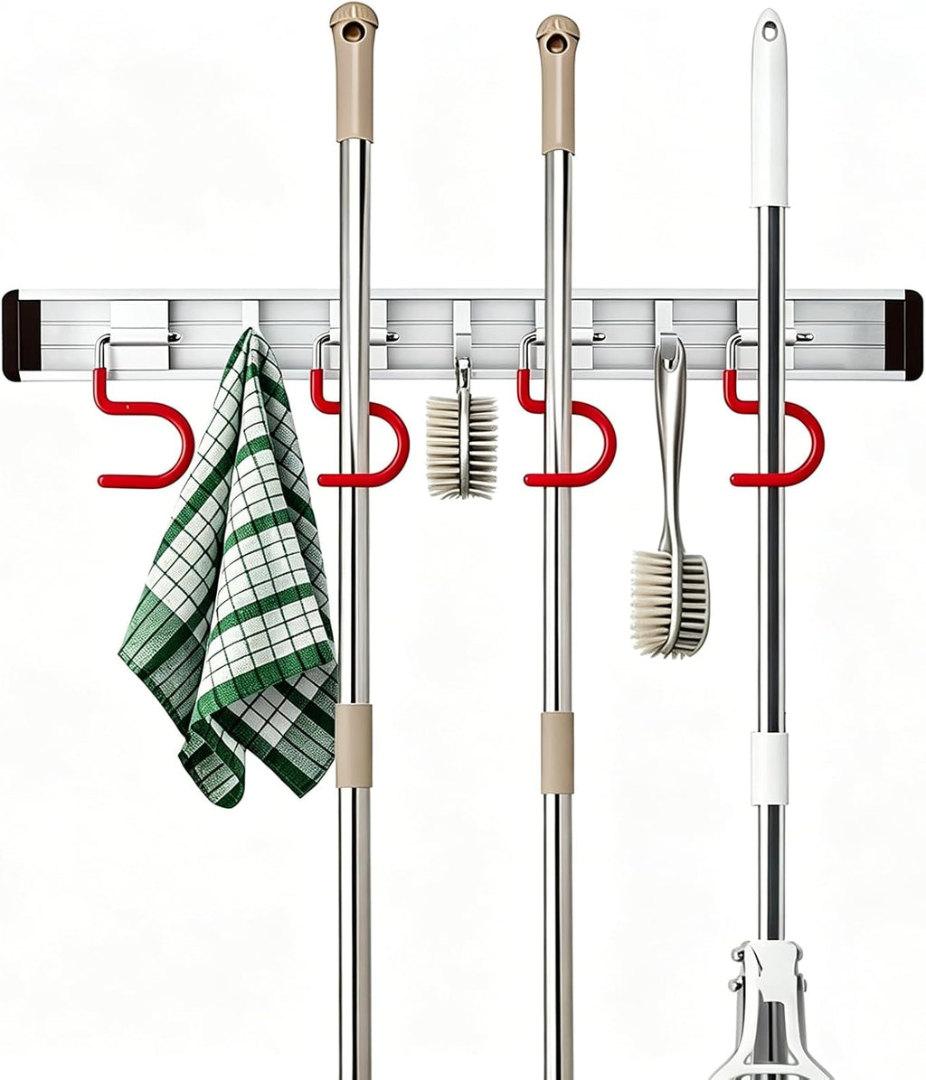 Wall Mounted Mop and Broom Holder Stainless Steel S Type Broom Rack Anti-Slip Mop Organizer (17 Inches,4 Positions 3 Hooks, Red White)