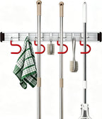 Wall Mounted Mop and Broom Holder Stainless Steel S Type Broom Rack Anti-Slip Mop Organizer (17 Inches,4 Positions 3 Hooks, Red White)