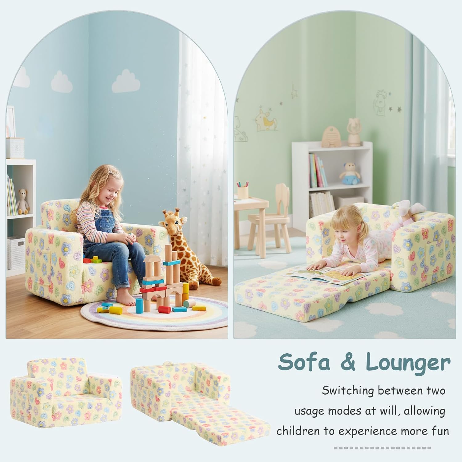 Tiita 2-in-1 Kids Sofa, Convertible Children Couch to Lounger, Flip Out Kids Chair, Toddler Armrest Chair Bed, Folding Kid Play Sofa for Girl or Boy, Flower