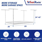 SafeRacks Overhead Garage Storage Rack - Heavy Duty Racks for Garage with 400 lb Capacity, Easy Garage Shelving, Adjustable Storage Rack, Ceiling Mount Storage Shelves 3x6 White (24"-45")