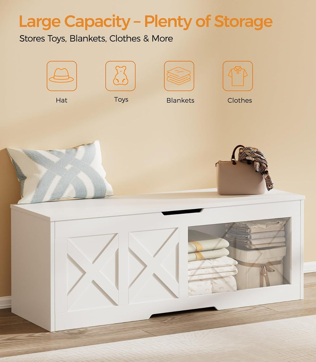 Homleke 47.2" Extra-Large Wooden Storage Chest – Farmhouse Toy Box, Entryway Bench, Bedroom Storage, Safety Hinge, Easy Assembly, White