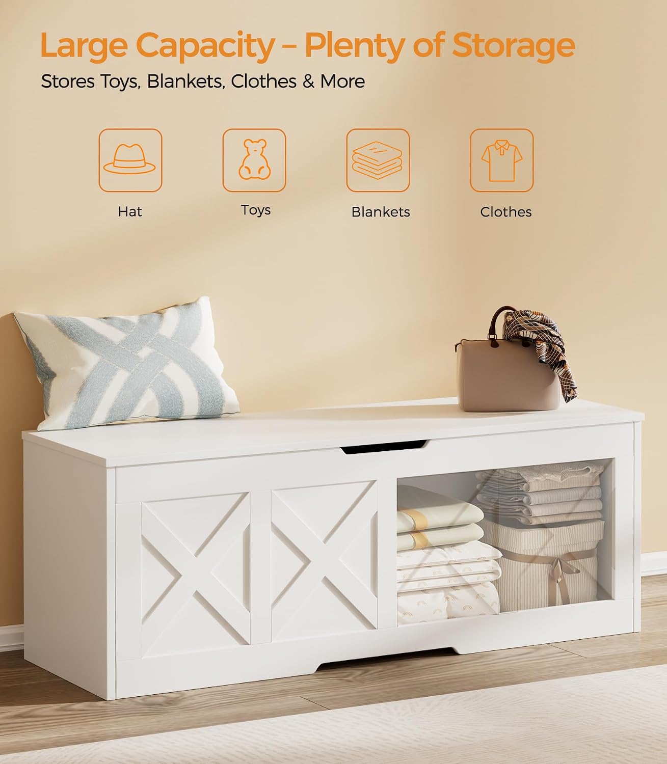 Homleke 47.2" Extra-Large Wooden Storage Chest – Farmhouse Toy Box, Entryway Bench, Bedroom Storage, Safety Hinge, Easy Assembly, White