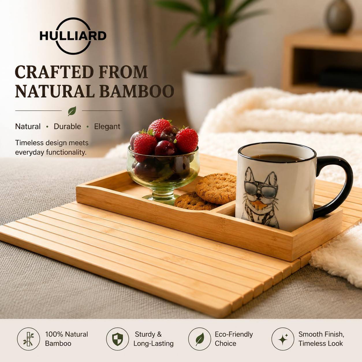 Bamboo Sofa Armrest Tray - Foldable Couch Arm Tray with Cup Holder - 2 in 1 Anti-Slip Sofa Armchair Caddy Table for Drinks, Phone, TV Remote, Snacks