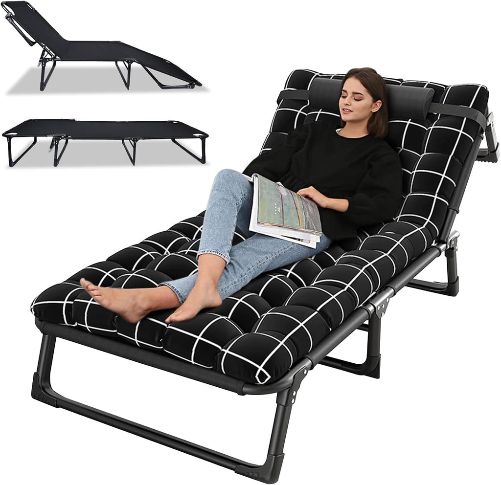Chaise Lounge Chair | Outdoor Tanning Chair with Pillow[4 Positions] | Heavy Duty Portable Lounge Chairs | Patio Chaise Lounger Camping Cot for Outdoor Sunbathing Patio Pool Lawn Deck Poolside Black