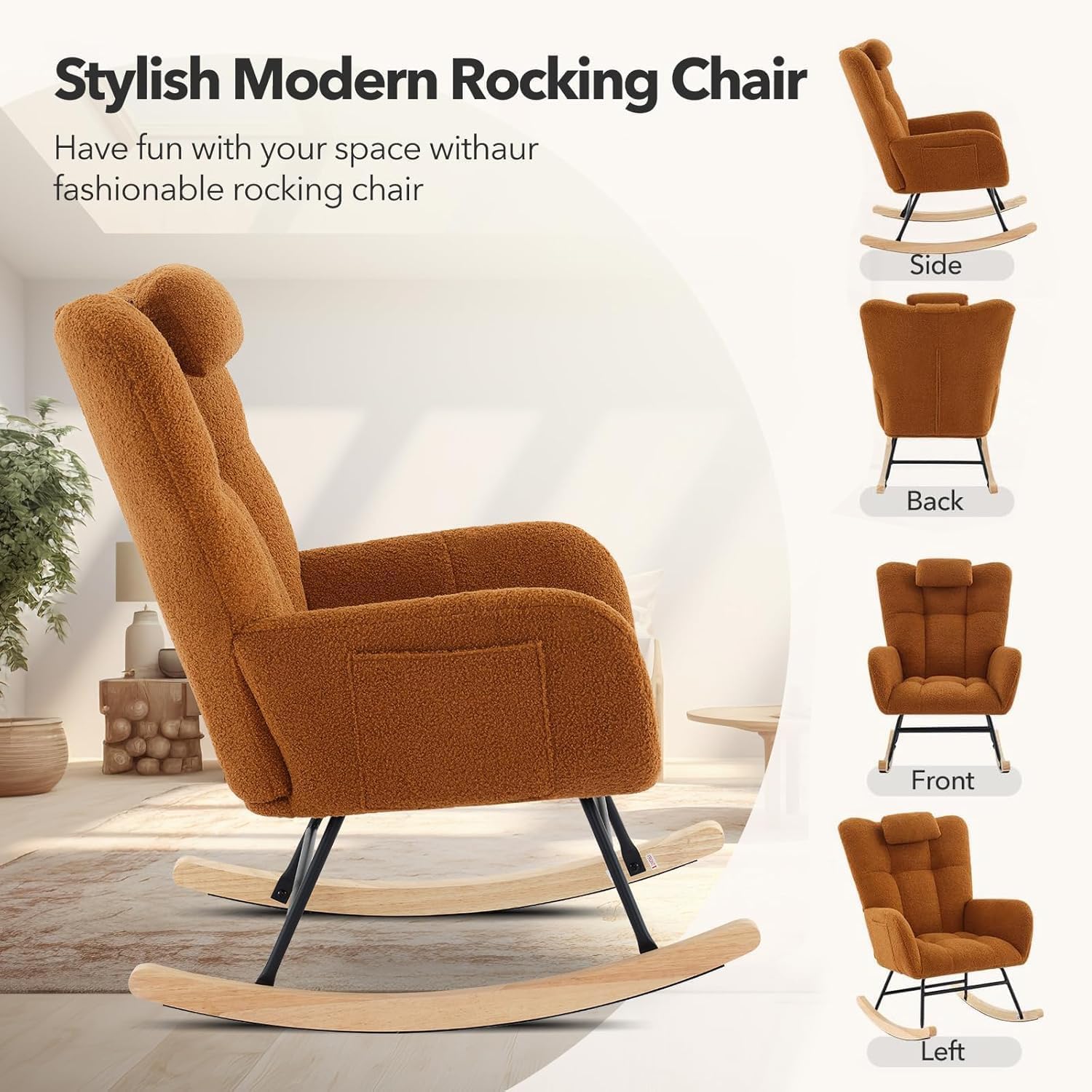 Nursery Rocking Chair, Upholstered Baby Fluffy Glider Rocker, Reading Chair with High Backrest, Comfy Chairs for Living Room, Bedroom, Nursing