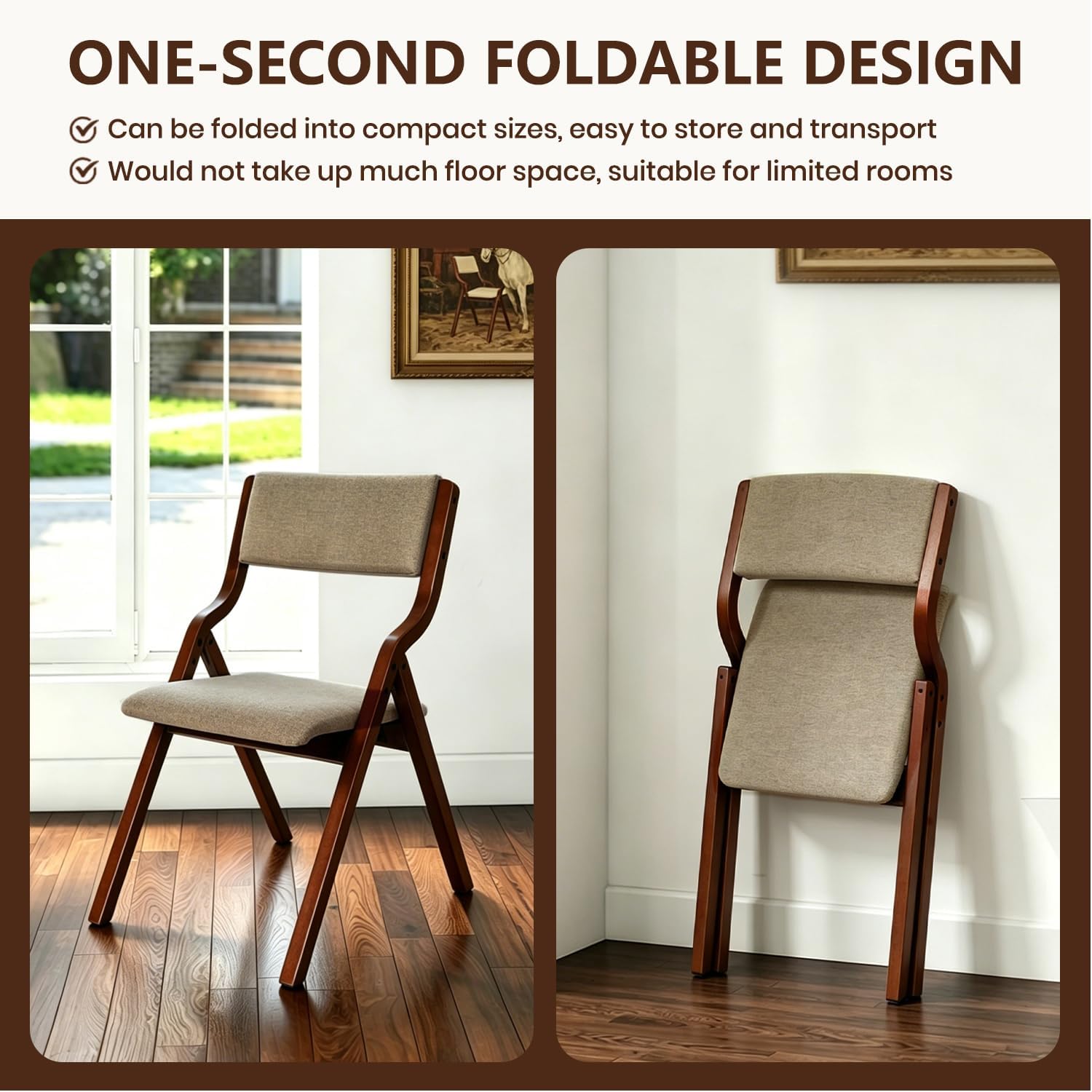 CangLong Foldable Chair Set of 2, Walnut+Light Coffee | Padded Fabric Chairs with Solid Wood Frame, Stackable and Assembled, for Guests Kitchen Office Wedding Party