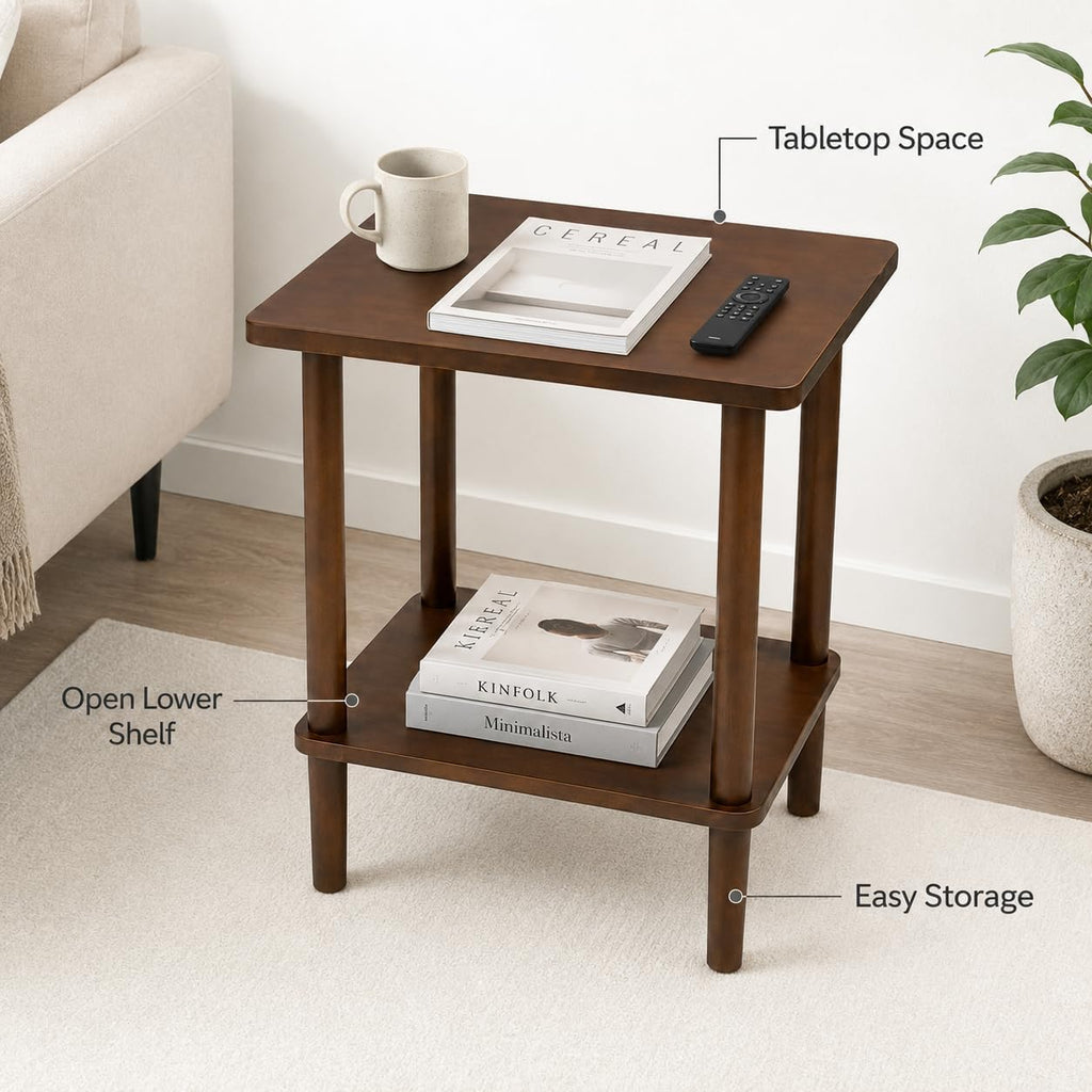 Solid Wood End Table, 2-Tier Side Table with Storage Shelf, Rubber Wood Nightstand for Living Room and Bedroom, Walnut Brown