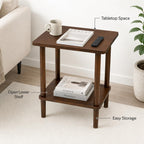 Solid Wood End Table, 2-Tier Side Table with Storage Shelf, Rubber Wood Nightstand for Living Room and Bedroom, Walnut Brown