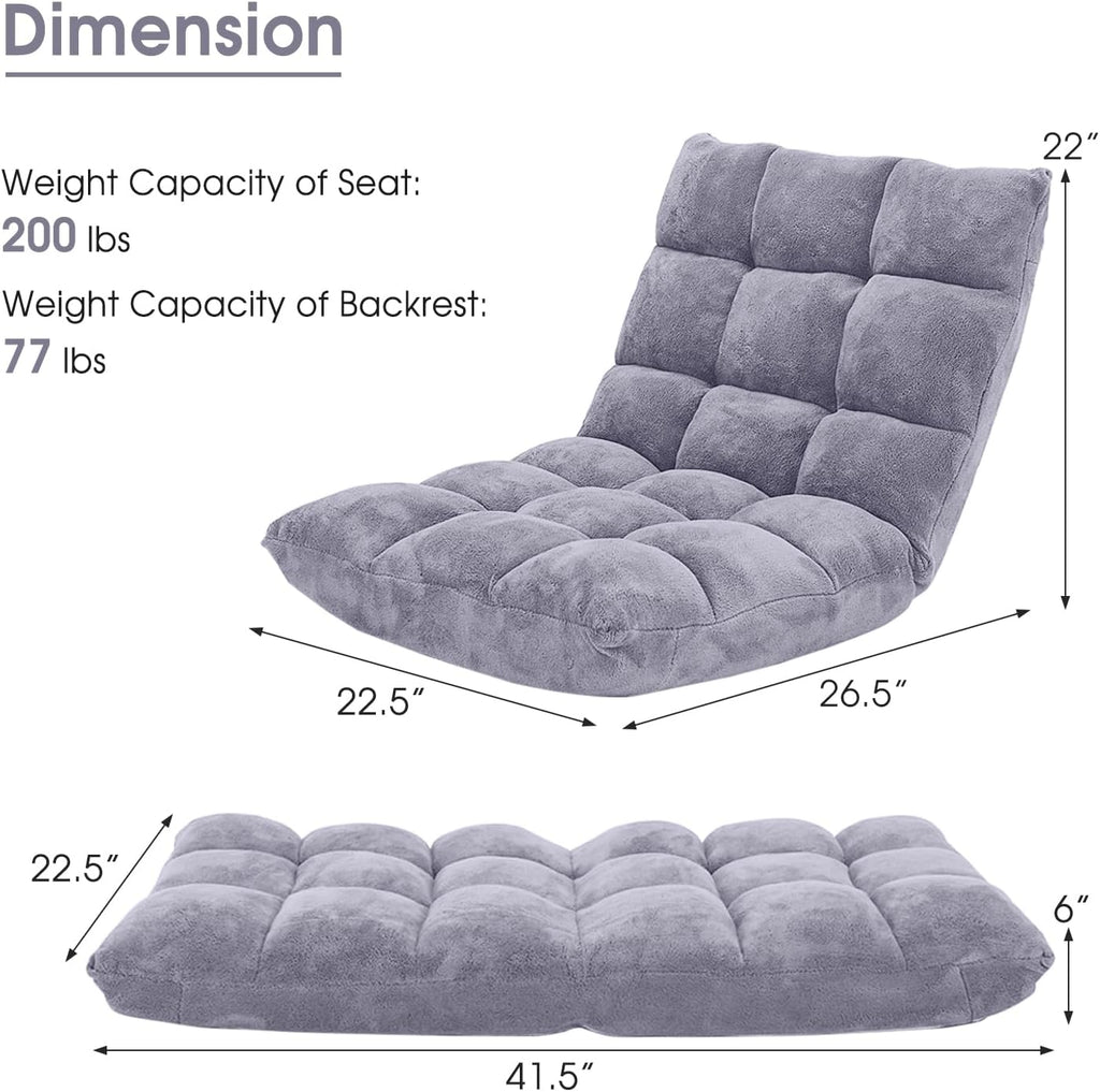 MAT EXPERT Floor Chair with Back Support, Floor Gaming Chair w/ 14 Adjustable Position, Soft Coral Fleece&Alloy Steel Frame, Foldable Padded Lazy Couch Recliner for Meditating (Gray, Large)