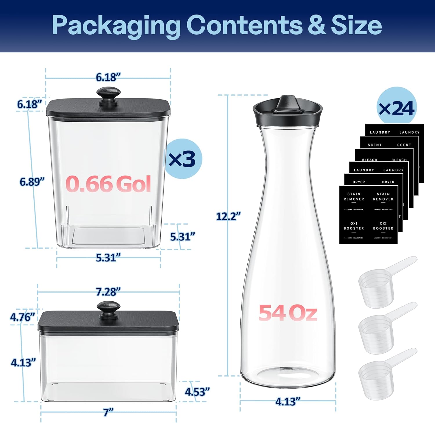 3+1+1 Pack Laundry Pods Container & Dryer Sheet Holder with Lid, 54OZ Liquid Soap Detergent Dispenser for Powder, Beads and Fabric Softener, Black Laundry Room Organization and Storage, 10 Labels