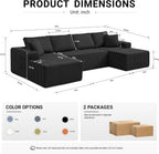 ivoros 125" Cloud Couch Sectional, Modular Sofa with Cup Holder and Storage Pocket, Corduroy U Shaped Boneless Sofas, Couch in a Box, No Assembly Required, Black Couches for Living Room