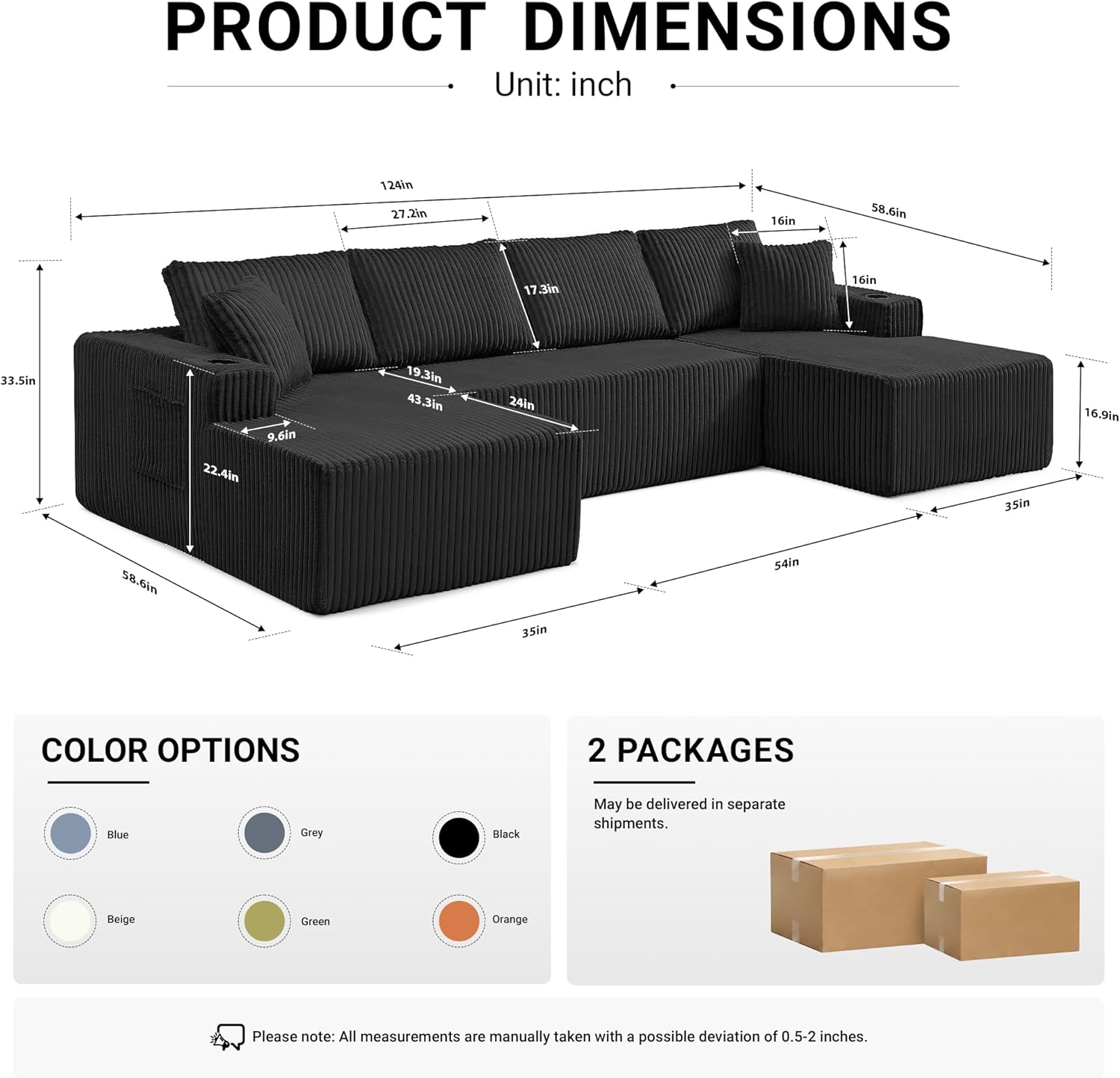 ivoros 125" Cloud Couch Sectional, Modular Sofa with Cup Holder and Storage Pocket, Corduroy U Shaped Boneless Sofas, Couch in a Box, No Assembly Required, Black Couches for Living Room