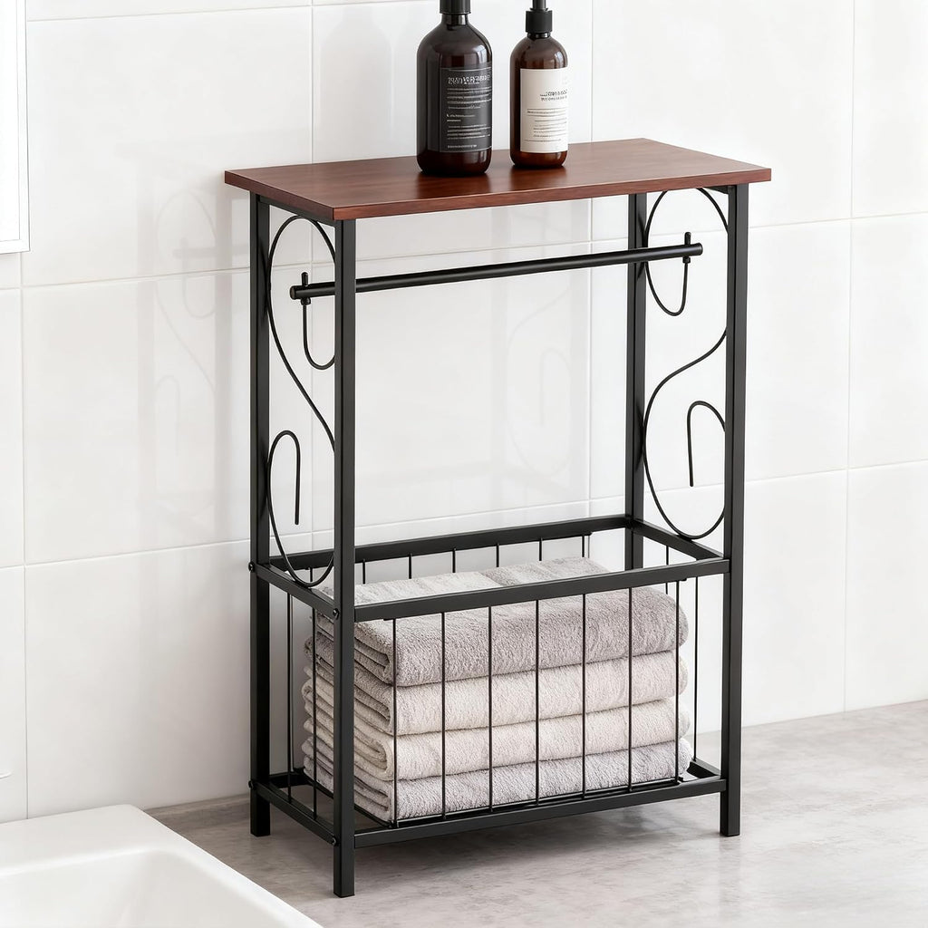 PARISLOFT Bathroom Narrow Side Table Organizer,Toilet Paper Holder Stand with Roll Dispenser & Magazine Rack, Metal Frame with Wood Top for Bathroom Organization, Coffee Color
