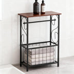 PARISLOFT Bathroom Narrow Side Table Organizer,Toilet Paper Holder Stand with Roll Dispenser & Magazine Rack, Metal Frame with Wood Top for Bathroom Organization, Coffee Color
