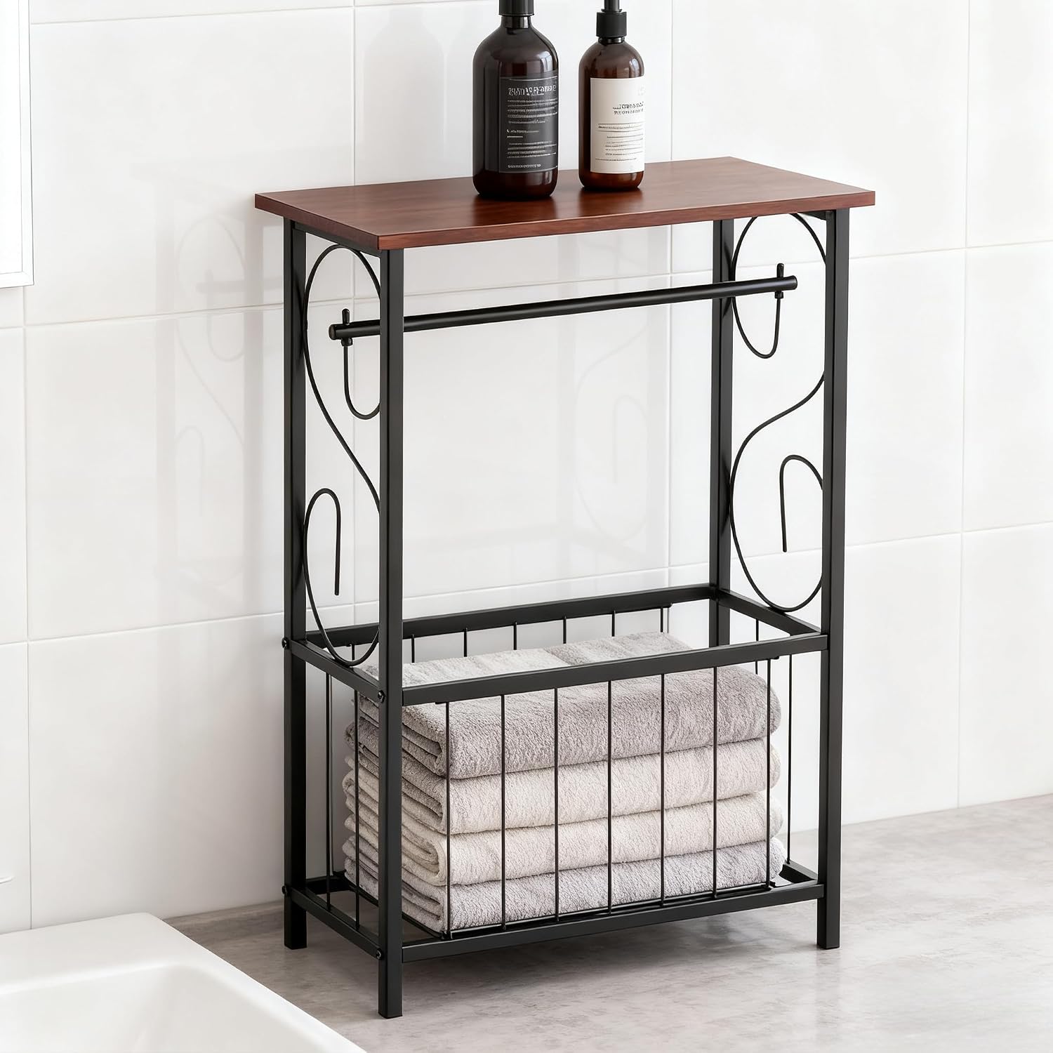 PARISLOFT Bathroom Narrow Side Table Organizer,Toilet Paper Holder Stand with Roll Dispenser & Magazine Rack, Metal Frame with Wood Top for Bathroom Organization, Coffee Color
