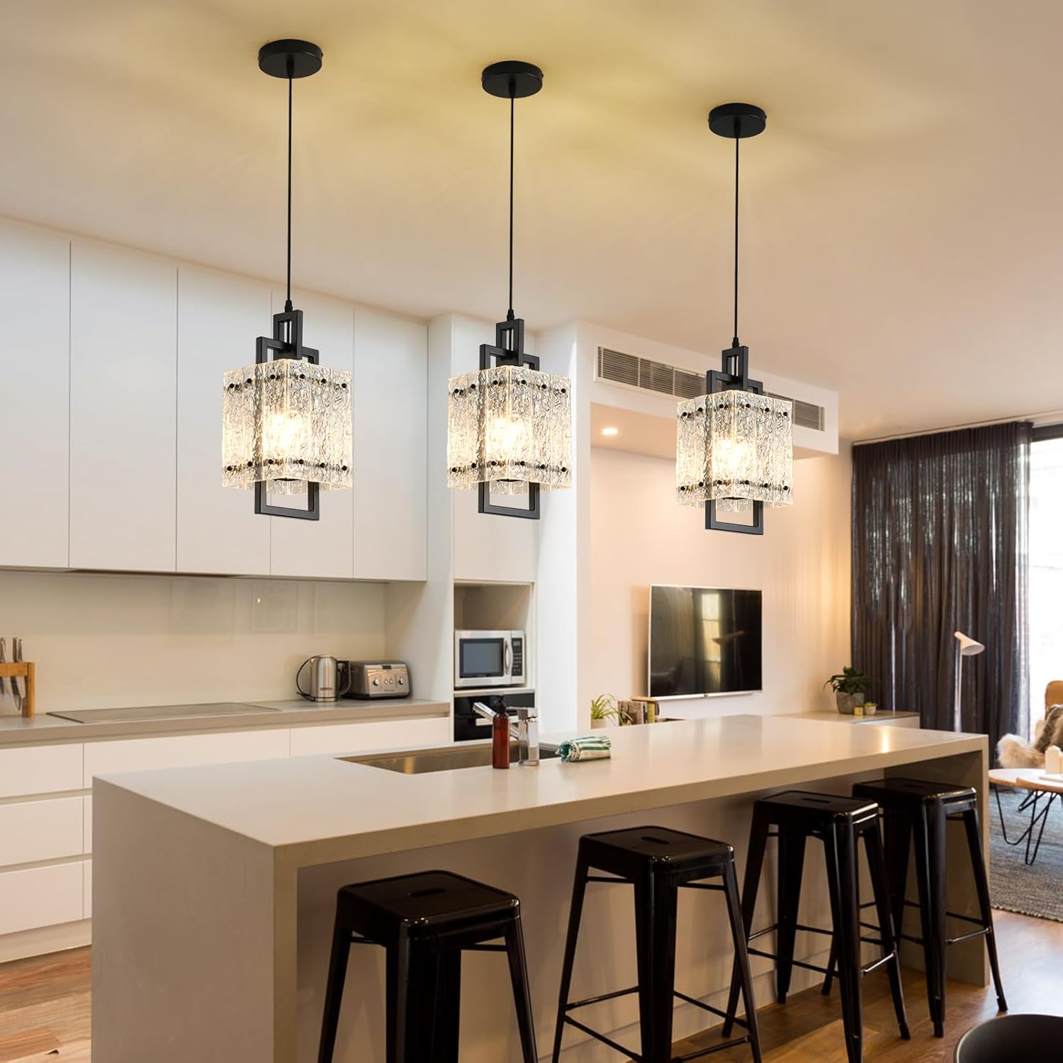 Modern Pendant Lights Kitchen Island 2 Pack Matte Black Pendant Lights Water Ripple Glass Square Pendant Lighting Over Island Hanging Pendant Light Fixtures for Kitchen Dining Room Hallway Foyer