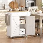 HOOBRO Kitchen Island with Power Outlet, Rolling Kitchen Island with Large Worktop, Kitchen Island Cart with Spice Rack and Drawer, Island Table for Dining Room, White and Natural WN88UZD01