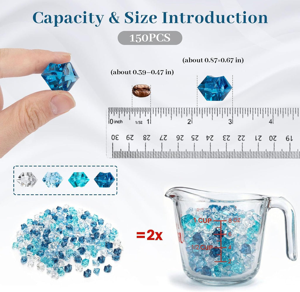DomeStar 150PCS Assorted Blue Fake Ice Rocks Vase Fillers, Aquarium Gravels Small Stones for Fish Tanks Decorations Home Table Scatter