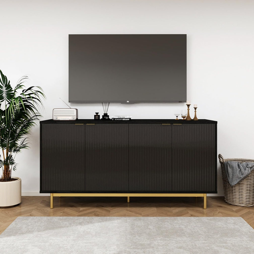 MUUEGM Buffet Cabinet with Storage, 58" Fluted Sideboard Kitchen Storage Cabinets with Shelves and 4 Doors, Modern Wood buffets & Sideboards for Dinging Room, Living Room, Black Storage Cabinet