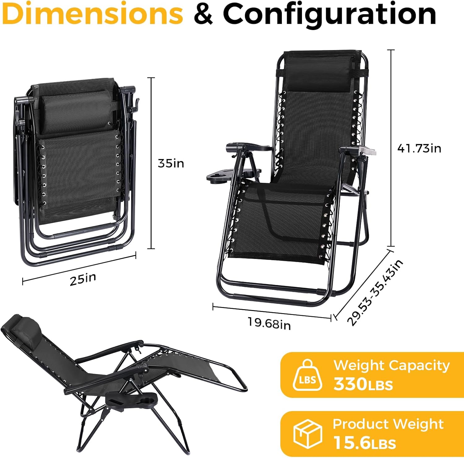 NEWBULIG Zero Gravity Chair Set of 2, Lounge Chair Folding Portable Adjustable Camping Reclining Chairs with Adjustable Pollow, Mesh Back, Cup Holder Trays Lawn Patio Chair for Pool Beach - Black