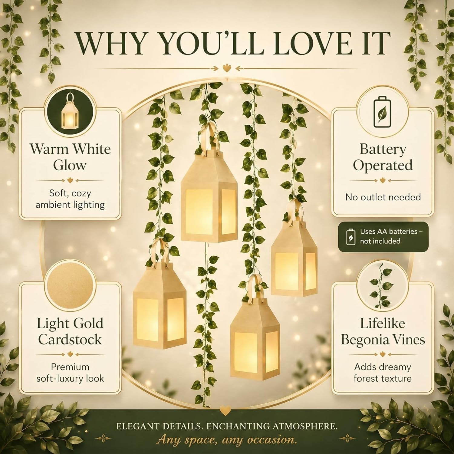 Yinder 24 Pcs Enchanted Forest Theme Decoration Set 82.68 ft Artificial Begonia Leaf Vine Paper Candle Lanterns Decor with LED String Lights for Bedroom Aesthetic Jungle Fairy Wonderland Party Favor