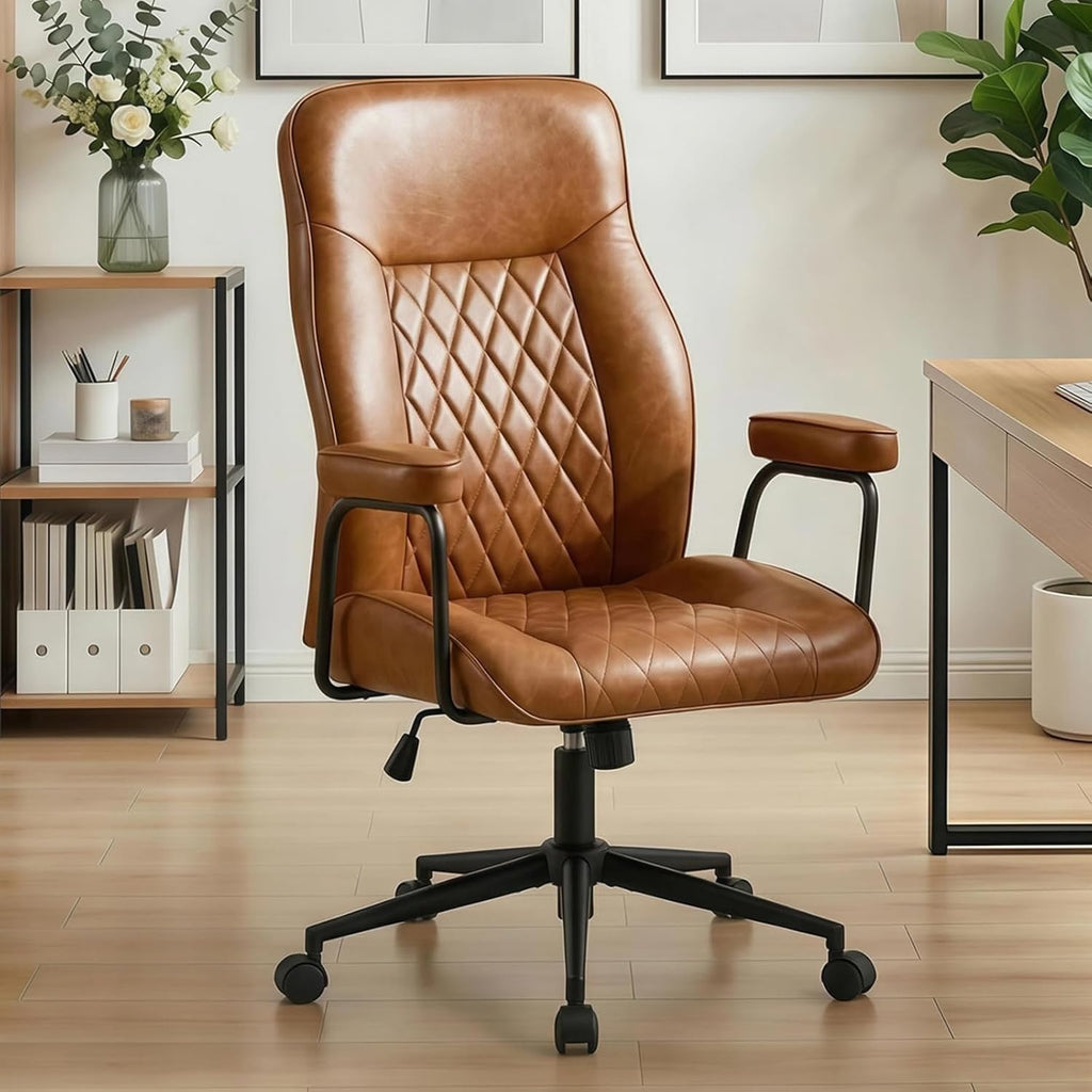 Furniliving Leather Office Chair, Comfy Home Office Desk Chair, Mid Century Modern Office Chair with Lumbar Support, Mid-Back Adjustable Swivel Computer Chair with Wheels and Arms, Brown