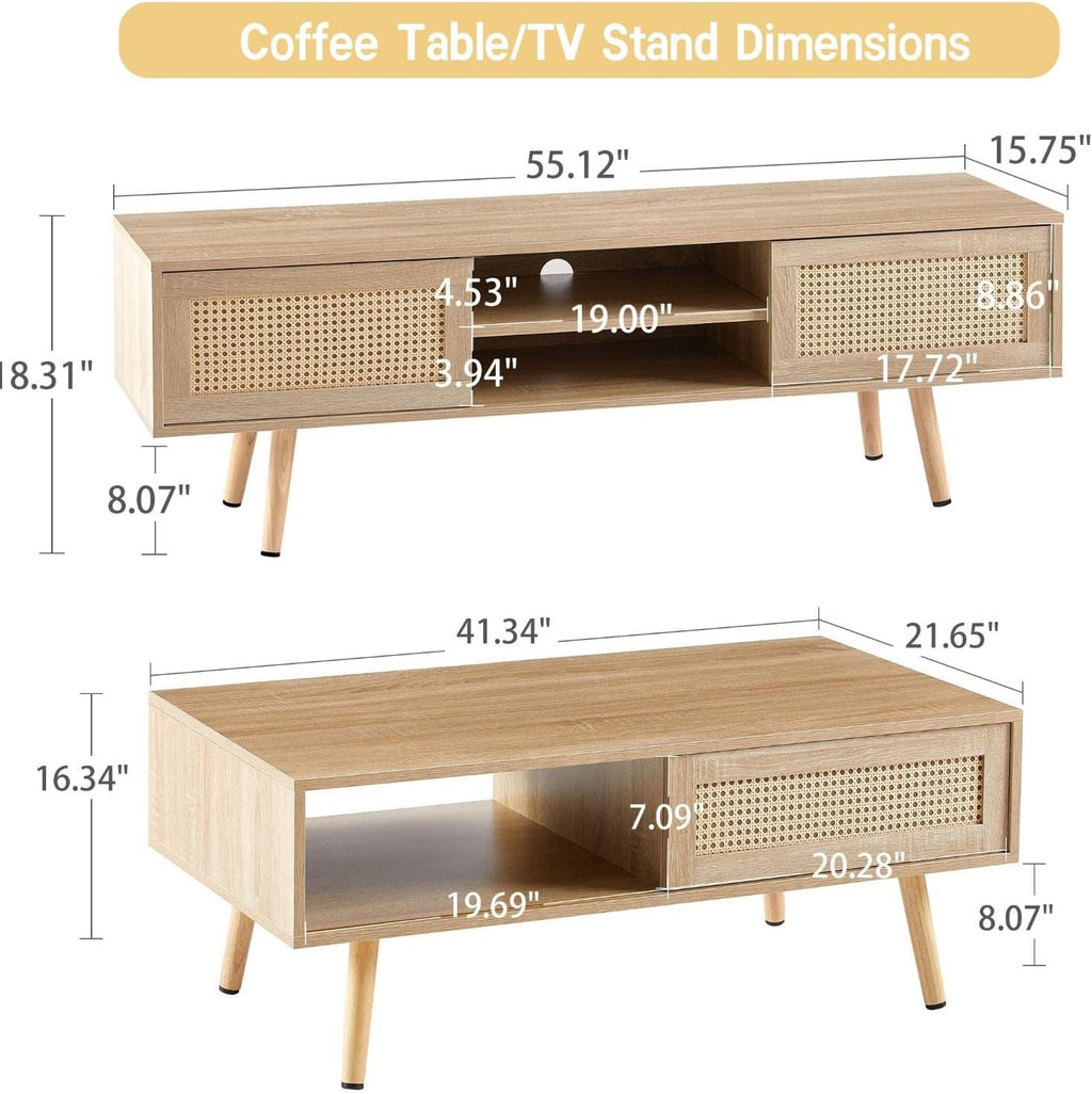 Coffee Table and TV Stand Set of 2, Boho TV Console Coffee Table Set with Sliding Doors, Entertainment Center Set for Living Room (Natural)